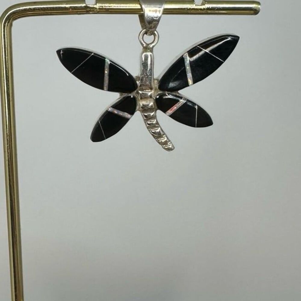 Native American Zuni Sterling Silver Onyx&Opal Inlay Dragonfly Pendant Signed M